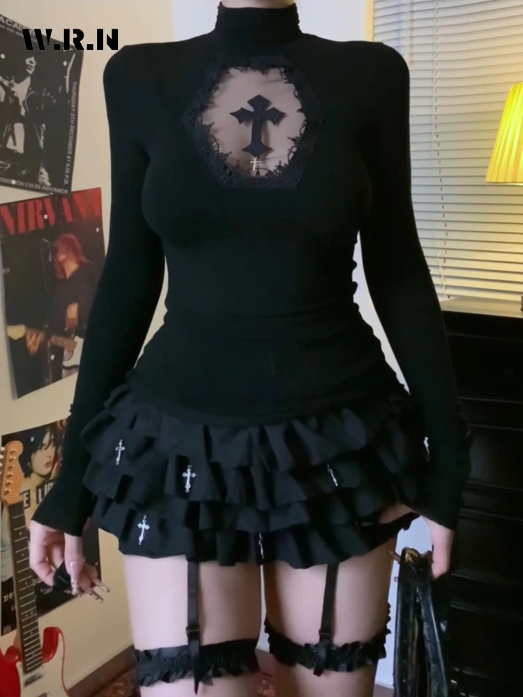 

Топ с высоким воротником Y2k, черная готическая футболка с крестом и полым утягивающим низом для женщин, сексуальная футболка с длинными рукавами, топы для девочек