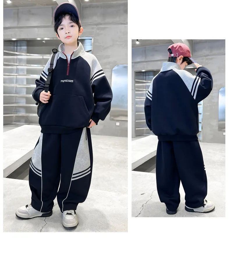 New Autumn Winter Boys Teenager Cloth Children Set Suit Striped Sweatshirt Top + Wide Leg Pant Tracksuit 4 8 10 12 14 Years