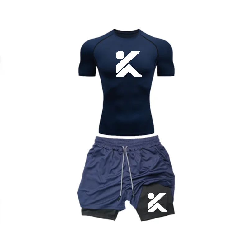 Atasan Olahraga Kasual Gym Gambar Cetak Huruf K Baru Setelan Pria Ketat Olahraga Desain Fashion Cepat Kering Leher Bulat