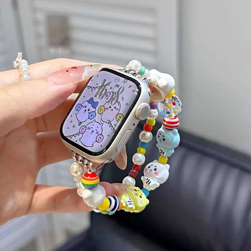 Anime Chiikawa Usagi Beaded Silicone Watch Band Soft Strap Replacement Wristband For Apple Watch Series 11 10 9 SE Smartwatch