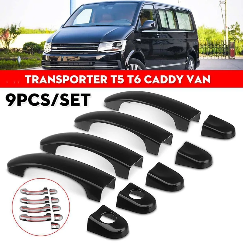 9Pcs Set ABS Chrome Door Handle Covers Trim For TRANSPORTER T5 T6 CADDY VAN 2003-2015 Gloss Black