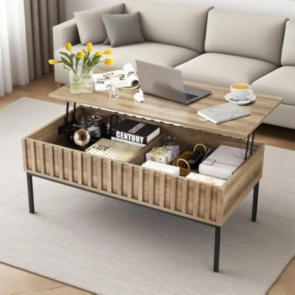 

Lift Top Coffee Table with Storage, Fluted Wood Center Table Rising Tea Table for Living Room Reception Room, Coffee Tables