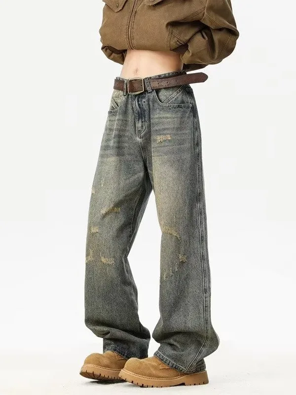 

American Retro Hole Denim Jeans Men's Spring Summer Trendy Brand Washed Loose Straight Leg Pants Versatile Casual Long Trousers