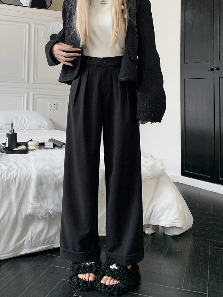 

Thick Woolen Suit Wide Leg Pants Women's Winter High Waisted Casual Pants Loose Cropped Pants Versatile Pants