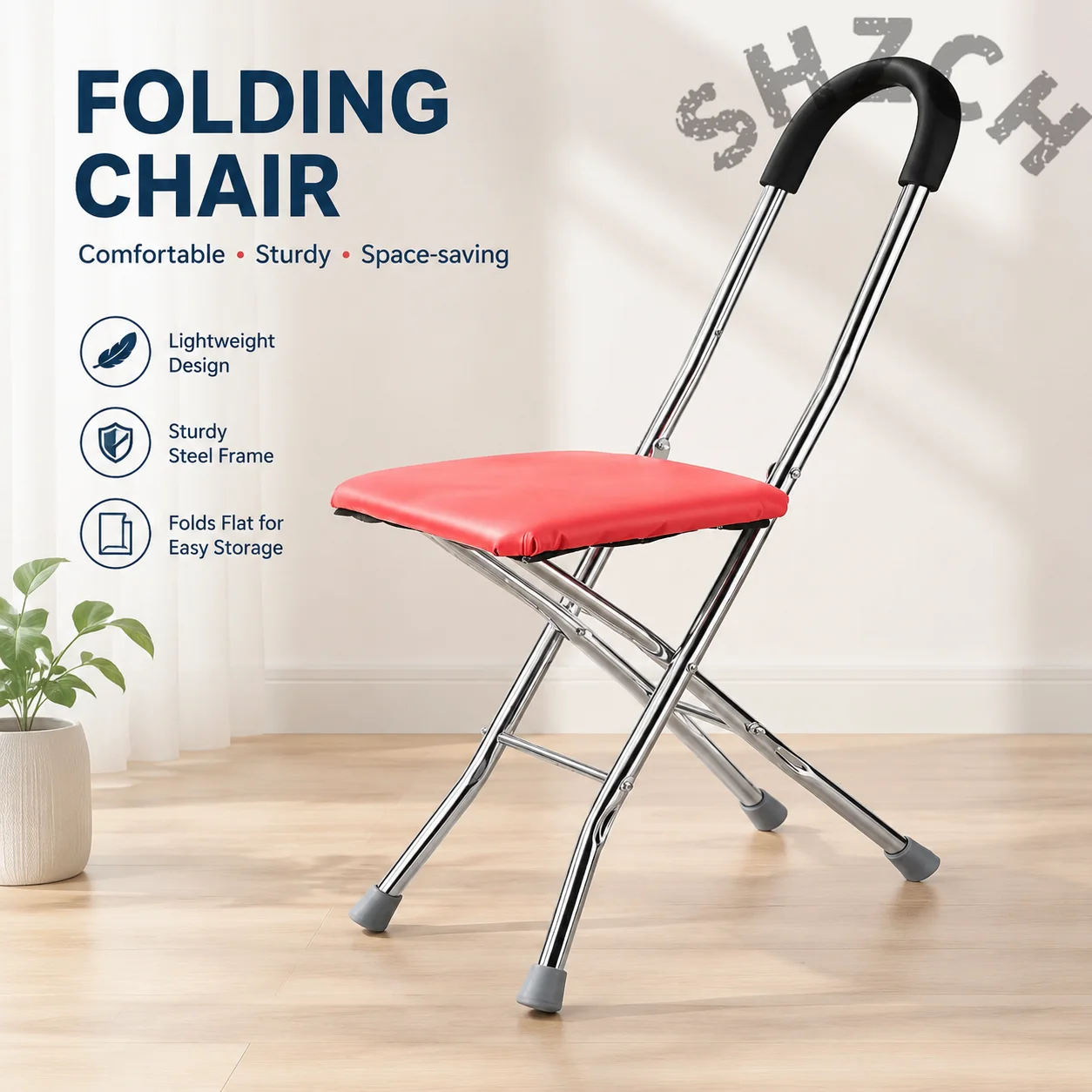Foldable 4-Legged Walking Stick Stool with Comfortable Seat and Non-Slip Grip for Seniors