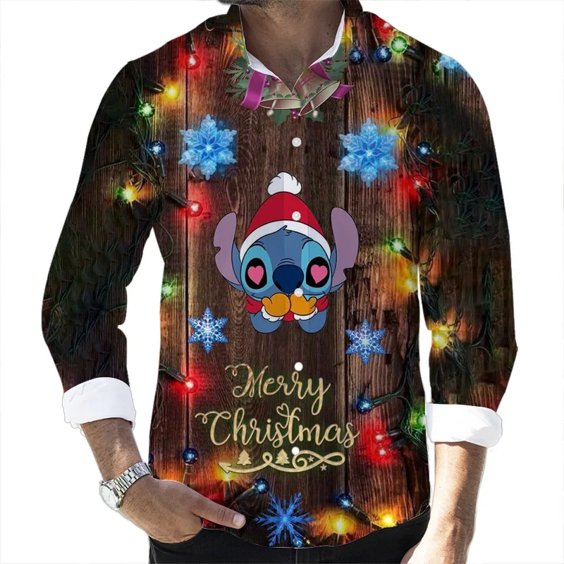 New Christmas Fall Popular Disney Brand Stitch and Mickey Anime 3D Printed Long Sleeve Lapel Shirt Slim Fit Men\'s Top y2k