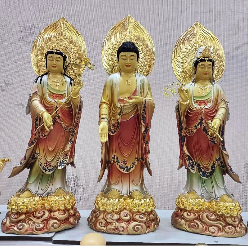 

Painted all-copper gold-plated Avalokitesvara Bodhisattva Sakyamuni gold ornaments Western Three Saints Buddha statues