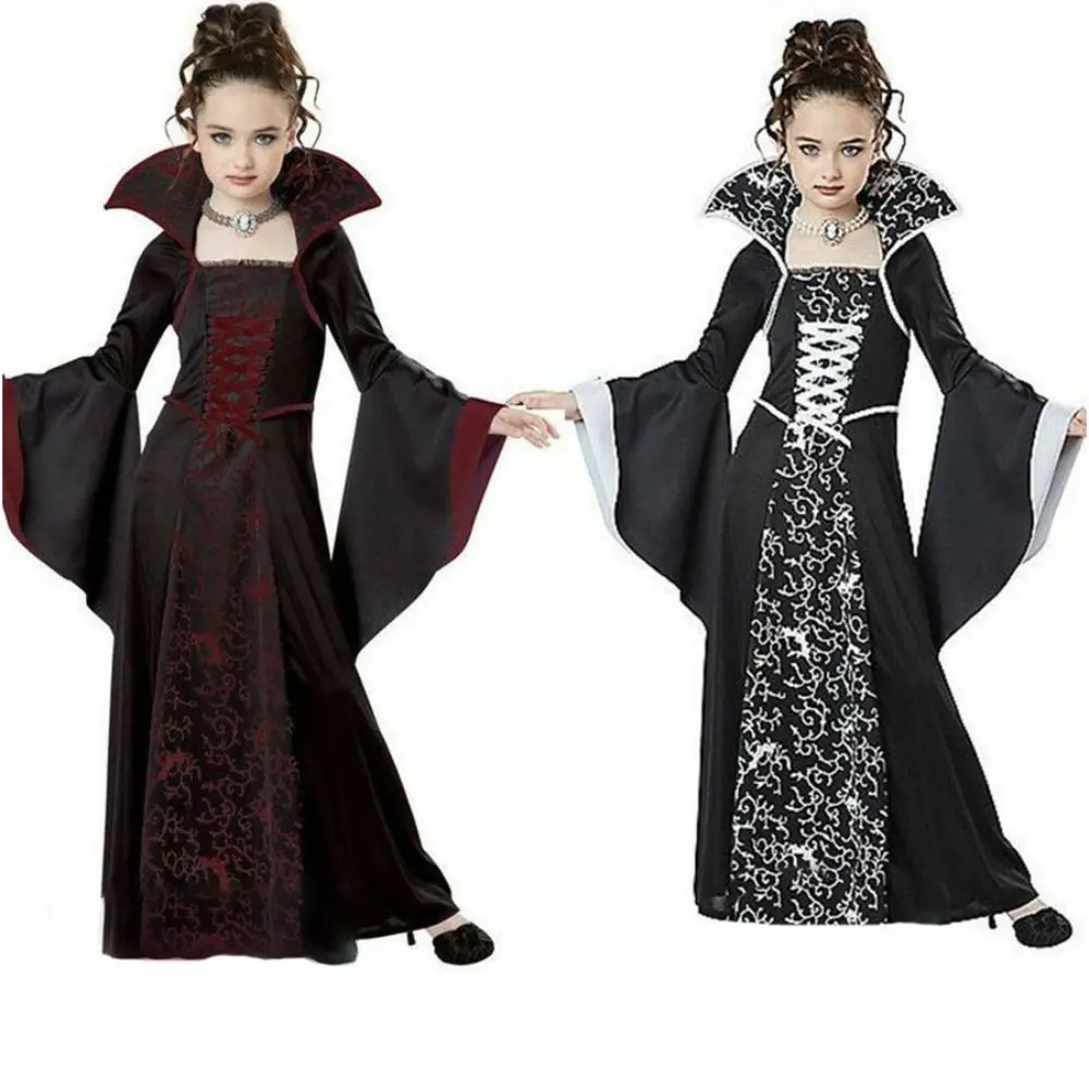 Stand Kraag Halloween Kleding Bell Mouw Grappige Halloween Heks Lange Jurk Lace Up Party Kinderen Middeleeuwse Gedrukte Jurk Kinderen