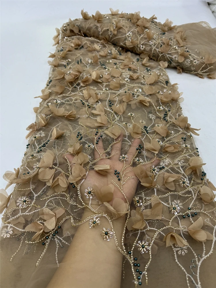 High Quality African Nigeria Tulle Lace Fabric Sequins Embroidery Wedding Party Guipure Dress Beads Stone 5Yards jy331