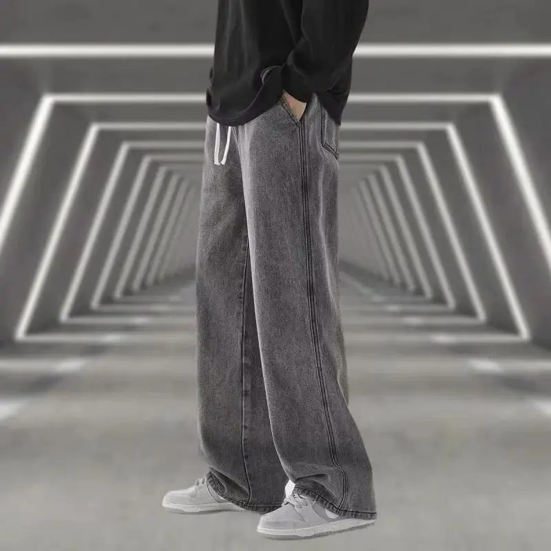 

Весенне-осенние мужские мешковатые джинсы большого размера, прямые свободные повседневные джинсовые брюки, однотонная уличная одежда, модные широкие брюки Y2k