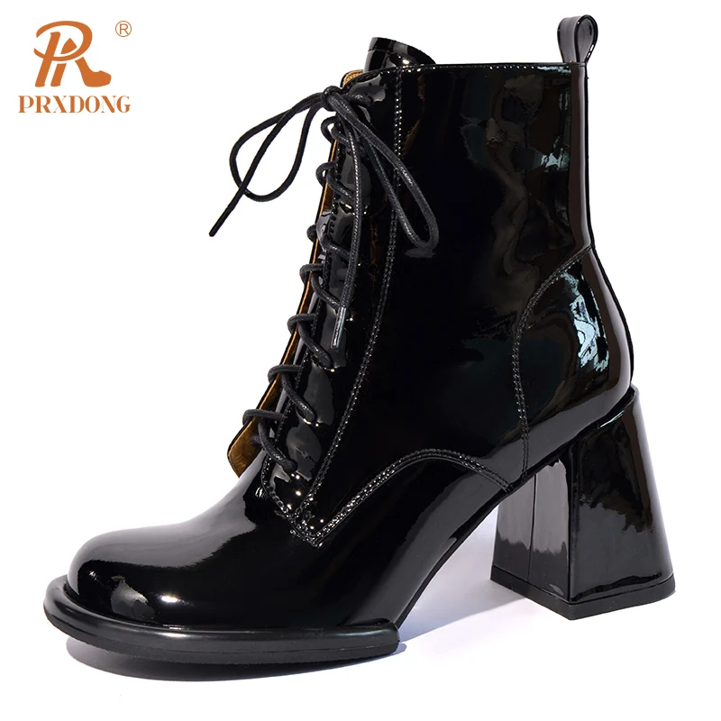 PRXDONG 2023 New Brand Genuine Leather Square High Heels Lace Up Autumn WInter Warm Ankle Boots Lady SHoes Dress Office SIZE 41