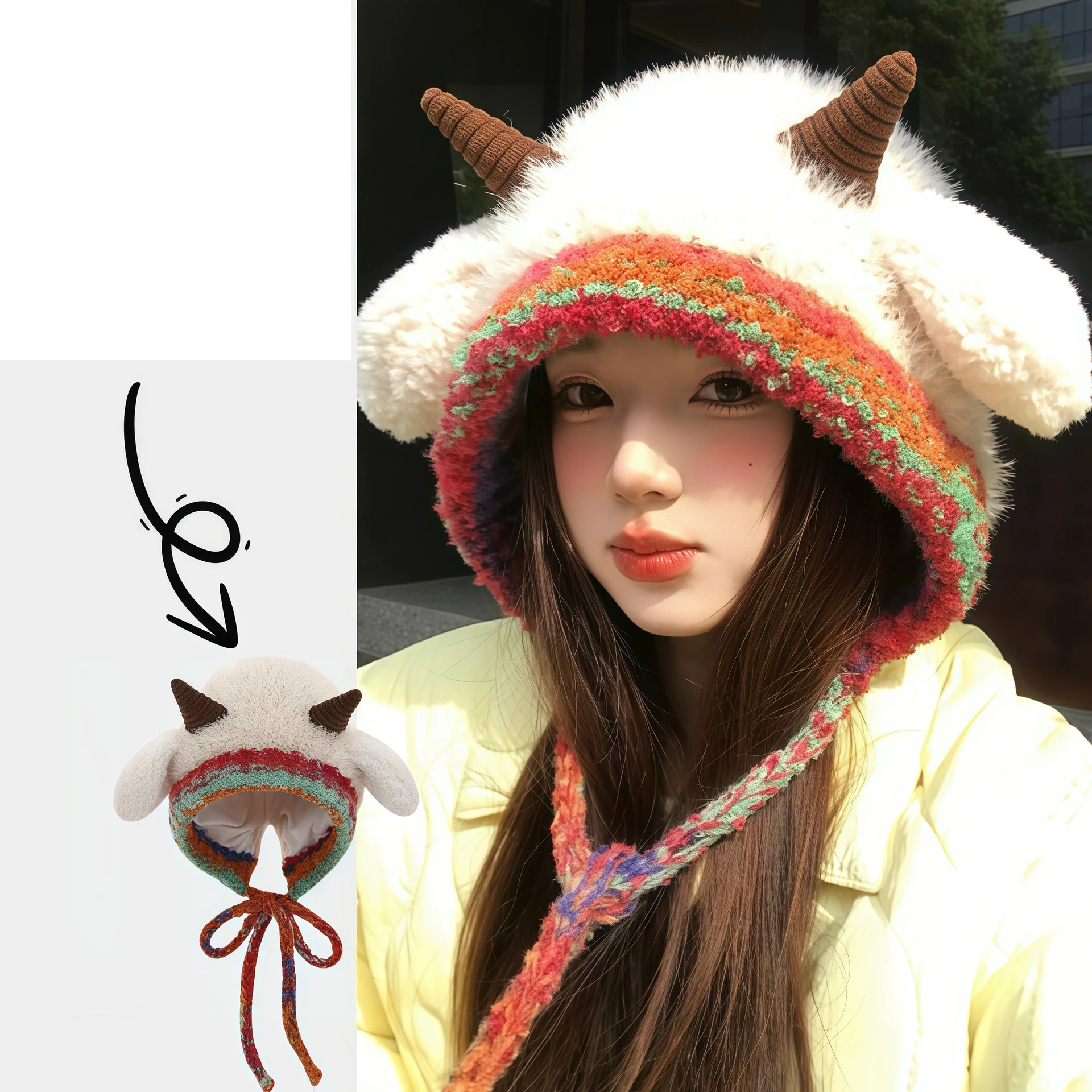 Women'S Sheep Horn Knitted Ear Protection Hat Colorful Plush Lace Up Lamb Ear Cover Winter Thick Warm And Funny Dressing Hat