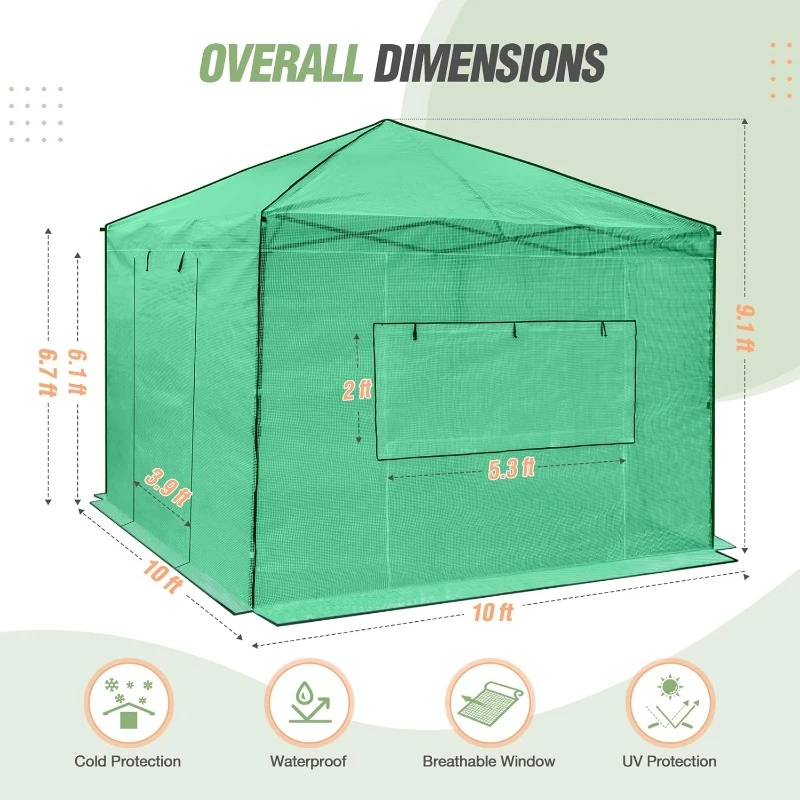 10x10 Portable Walk-in Greenhouse, Pop-up Indoor Outdoor Garden Green House, Zippered Doors and Windows, PE Cover, Green