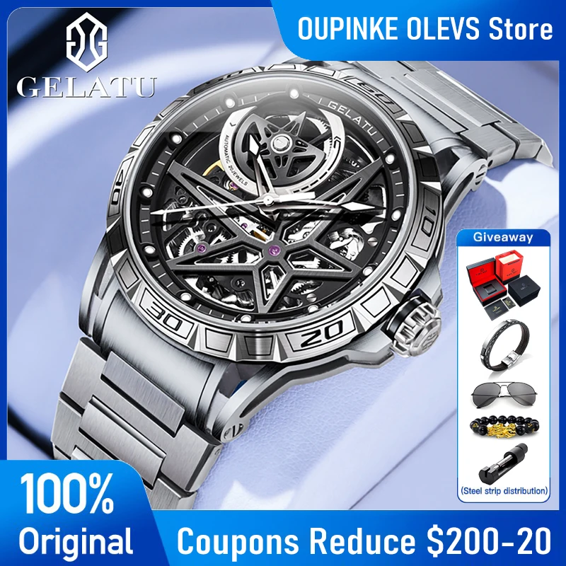 GELATU 6009 Mens Watch Luxury High Quality Skeleton Automatic Mechanical Watch﻿ 316L Steel Strap Watches For Man Gift Box Reloj