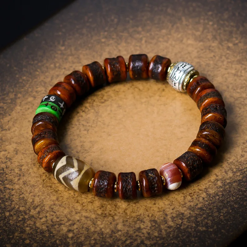 Tibetan cow skull bone double tiger tooth dzi bead bracelet with calcified agate and six-character mantra ethnic bracel