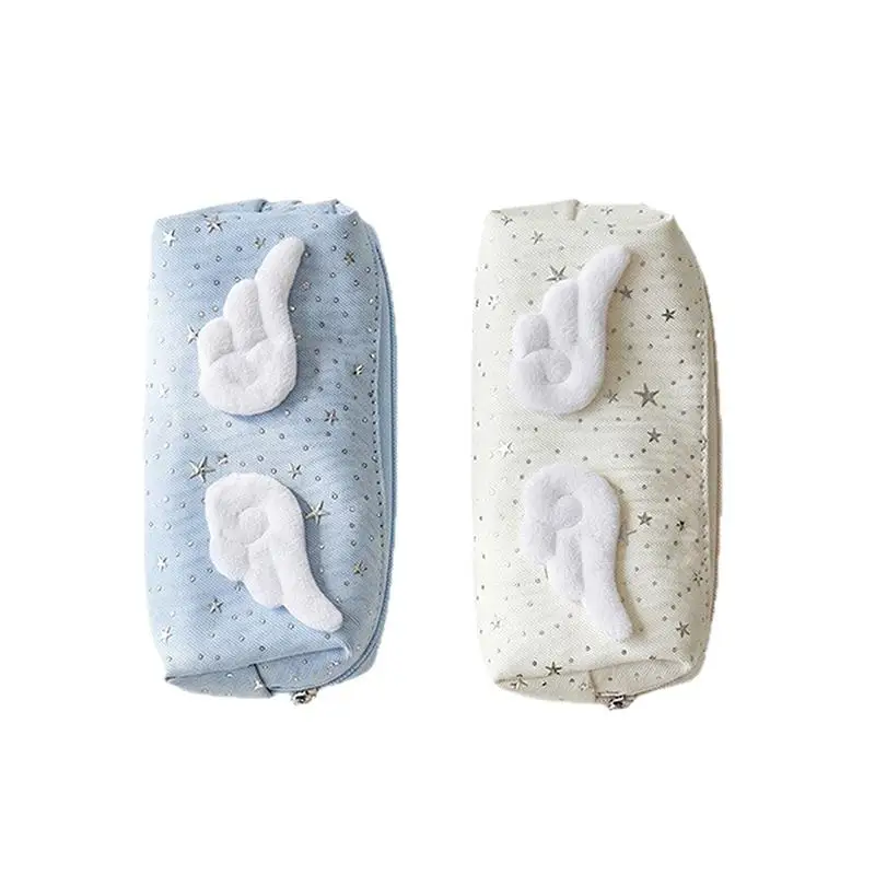 Niedliches Federmäppchen mit 3D-Engelsflügeln und Glitzersternmuster, ideal für Schüler, zur Aufbewahrung von Schul- und Alltagsartikeln. – Detail 5