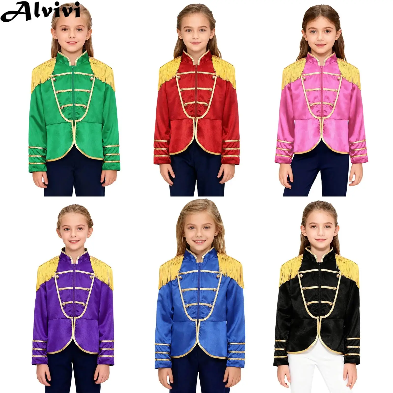 Kids Long Sleeve Zipper Jacket Coat Rock Band Drum Major Honor Guard Circus Cosplay Costume for Halloween Carnival Performance