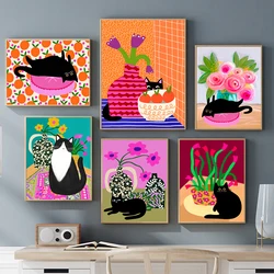 Colorful Abstract Canvas Painting for Kids Room, Fashion Flower, Black Cat, Pink Rose Print Poster, Wall Art Picture, Home Decor