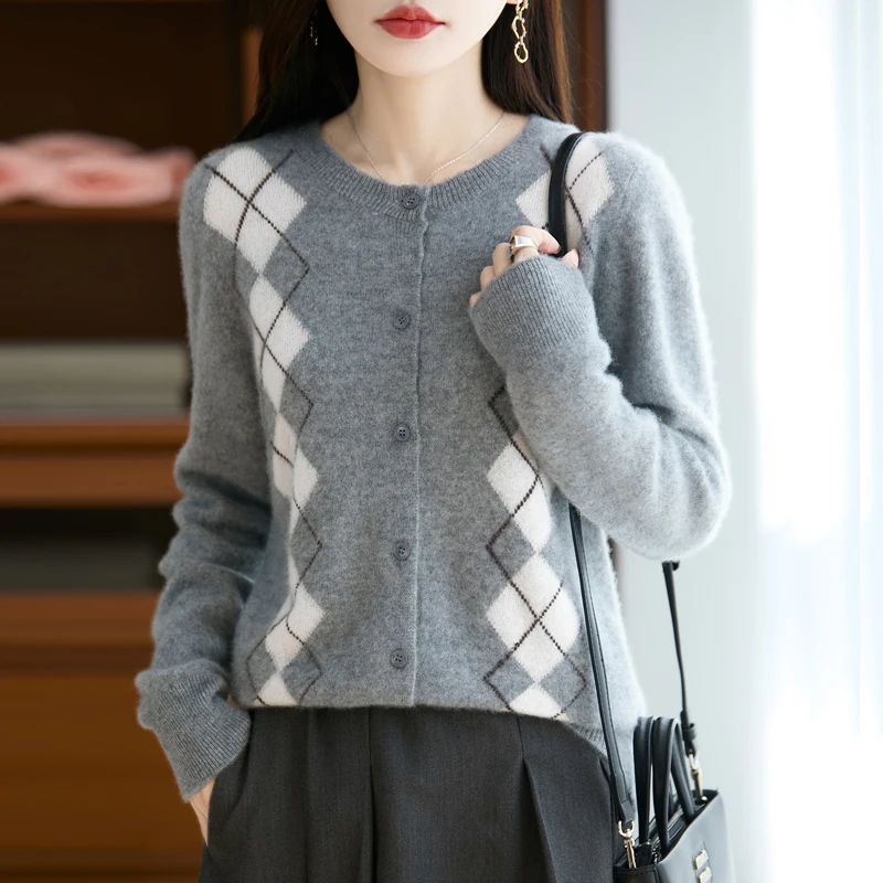 Cárdigan de lana pura 100% para mujer, suéter de cachemira con cuello redondo, Chaqueta de punto informal, nueva camisa de chaqueta de moda de otoño e invierno 2025