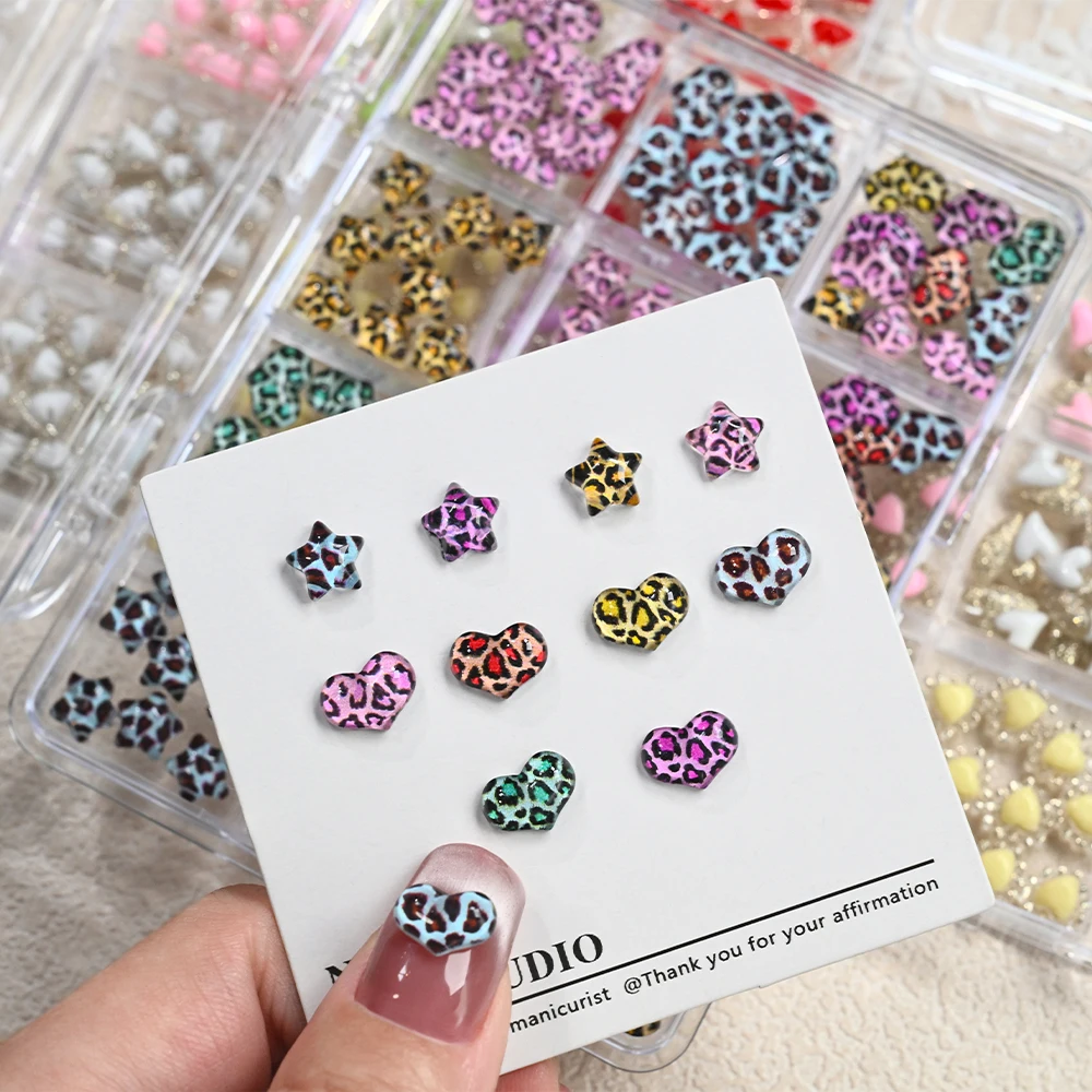 12Grids Mixed Color Leopard Print Nail Charms 3D Resin Star & Heart Shape Nail Decorations DIY Manicure Jewelry Making Ornaments