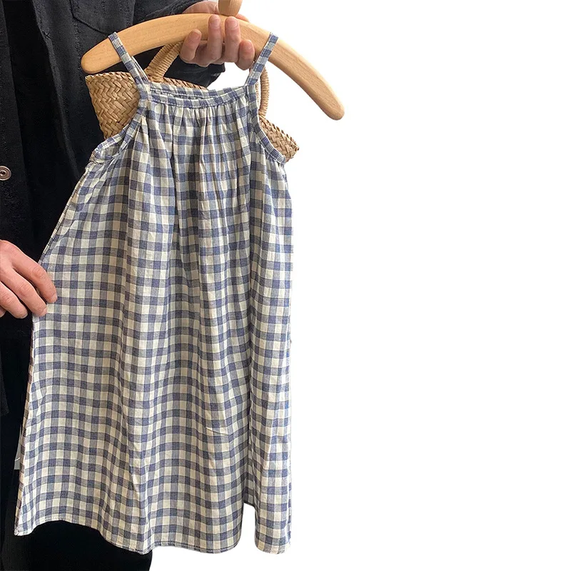 Children Clothing Girls Mori Plaid Slip Dress 2024 Summer New Fashionable Casual Simple Princess Sweet Girls Long Dress