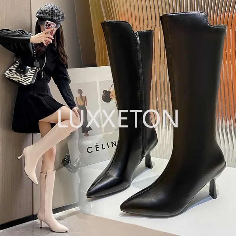 2024 New Women\'s Over the Knee Boots Leather Sexy Small Fashionable Pointed Heel High Sleeve Winter Boots Casual Office