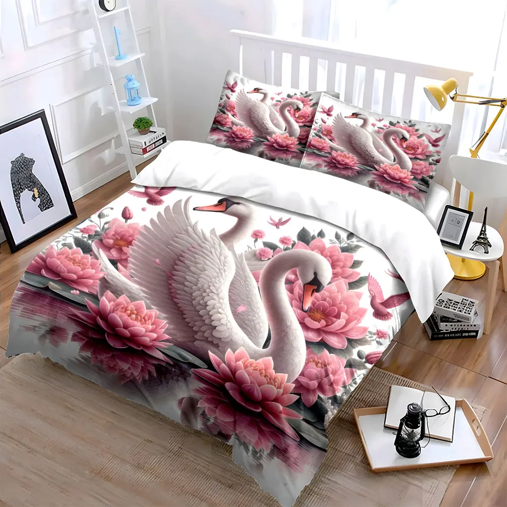 Elegant swans with pink lotuses Bedding Set for Kids Luxury Gift 3pcs Digital Print Comforter Set Soft Comfortable Breathable