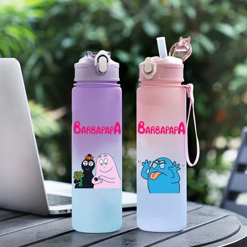 750ML Barbapapa Cartoon Gradient Water Bottle Portable Sports Plastic Water Bottle Student Outdoor Travel Leak Proof Water Cup