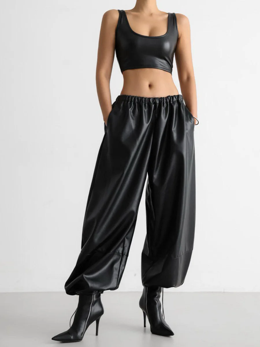 New Women Autumn Winter PU Leather Pants Drawstring Ankle Cuffed Loose Retro Lantern Trousers Casual Ladies Bottoms