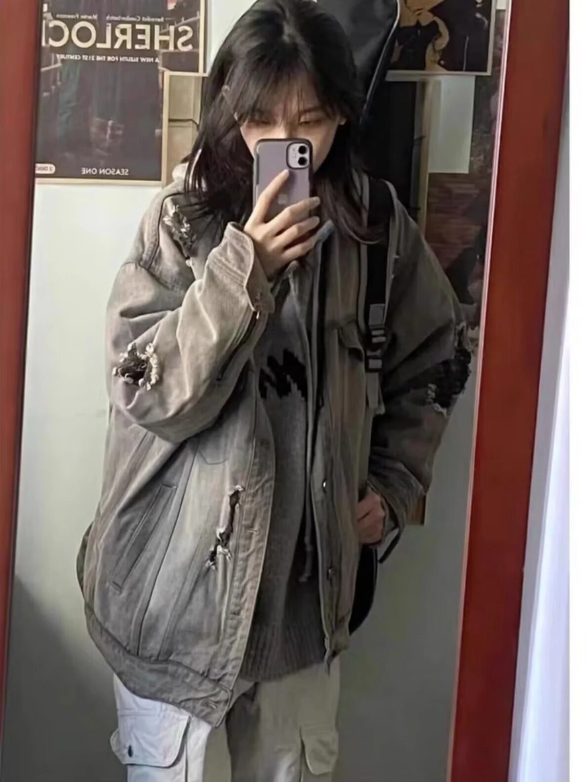 

ey Casual Spring Autumn Distred Design Jeans Jaet for Men Loose Fit Youth Trendy Outerwear Couple's Faion Top