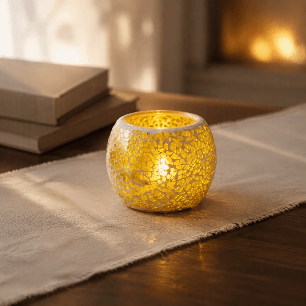 Round Bowl Shape Mosaic Glass Candle Holder Yellow Glass Material Votive Candle Holder 3.35x2.76in Tea Light Holder