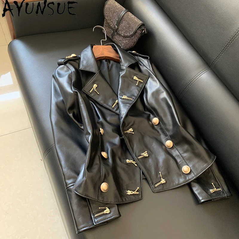 AYUNSUE Real Leather Jacket Coat Women Zippers Genuine Leather Sheepskin Motorcycle Fashion Luxury Brand Designer Ladies Tops