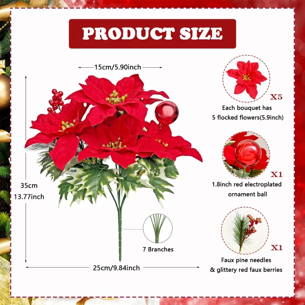 7 Heads Artificial Christmas Poinsettia Bouquet, Faux Red Poinsettia with Berries Ball Ornaments for Xmas Vase Wreath Decor view 2