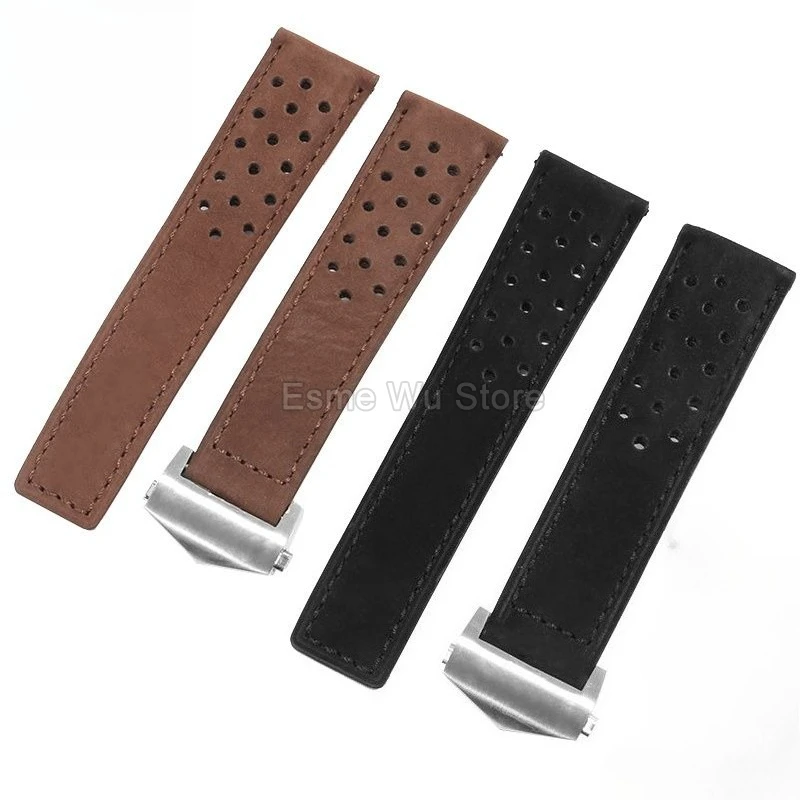Pulseira de relógio de couro genuíno para tag heuer carrera 6 herança fosco fivela dobrável à prova dwaterproof água confortável pulseira 20mm