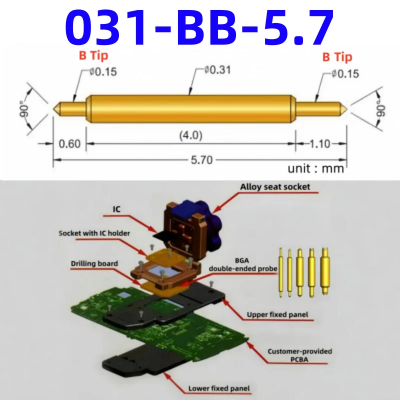 100pcs Double-ended Test Needle Test Probe BGA Semiconductor Probe 031-BB-5.7L Telescopic Spring Test Pin 5.7 Pogo Pin