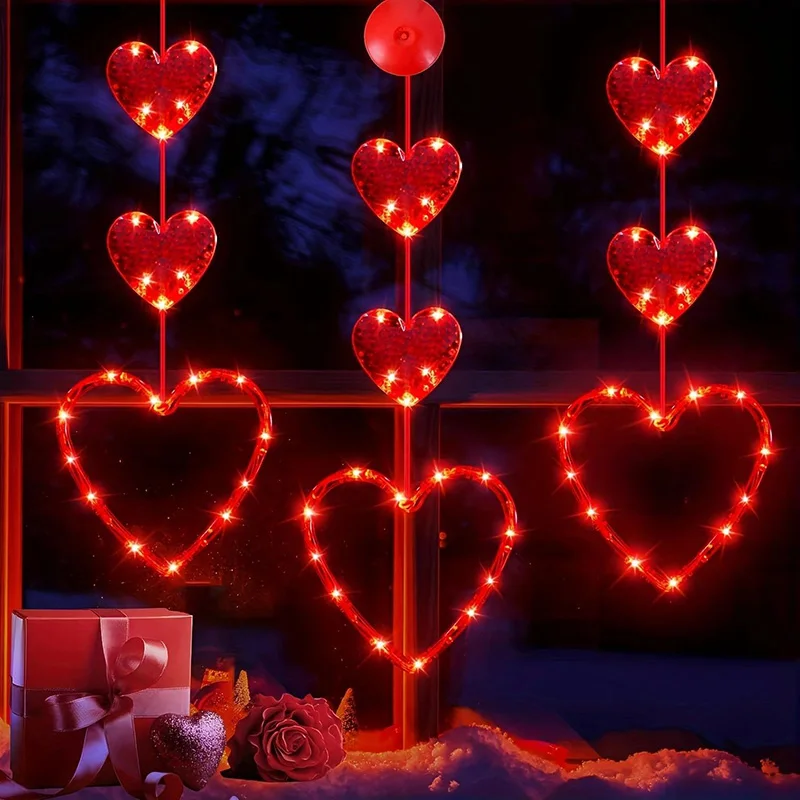 Valentine's Day Decorative Indoor Light String Heart-Shaped Window Light With Suction Cup Timer For Family Wedding Anniversary