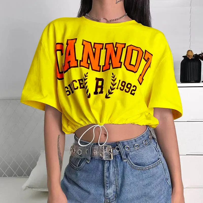 Preppy Style Letter Printed Crop Tops Women Summer Y2k Drawstring Street Fashion Short Sleeve T-shirts 2024 Indie Casual Tops