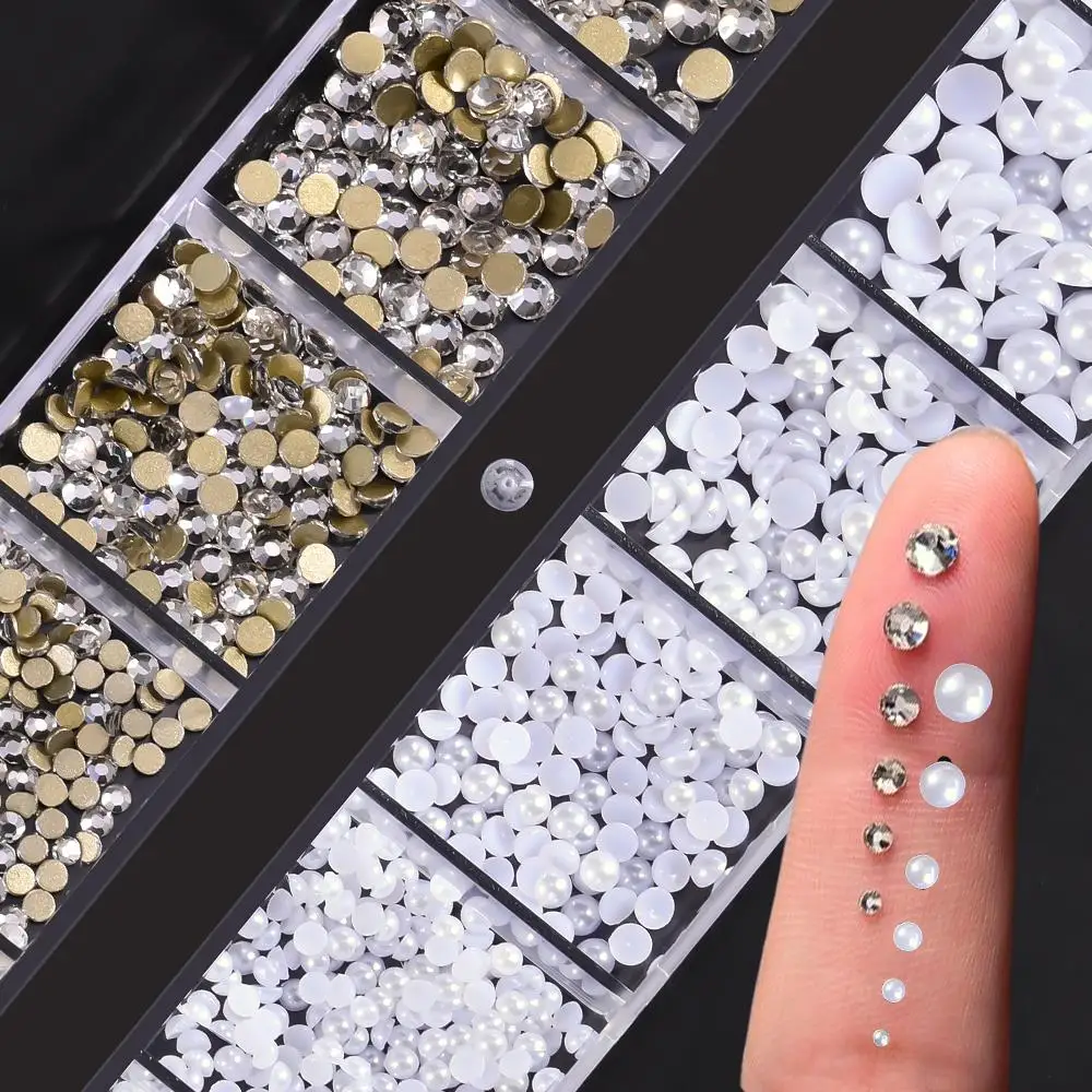 12Grids 3D Glass Rhinestones+White Pearls Nail Art Charms Multi-Sizes Flatback Diamond Pearl Nail Jewelry DIY Manicure Accessory