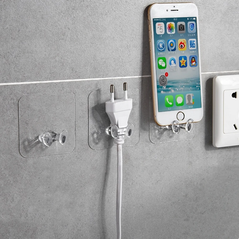 Transparent Plug Hook Organizer Plug Storage Holder Punch-free Adhesive Hooks Strong Self For Kitchen Bathroom Wall Storage Hook