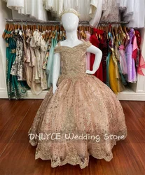 New Design Rose Gold 2024 Sparkly Flower Girls Dress Beads Lace Appliques Child Princess Gown For Birthday Party Gown