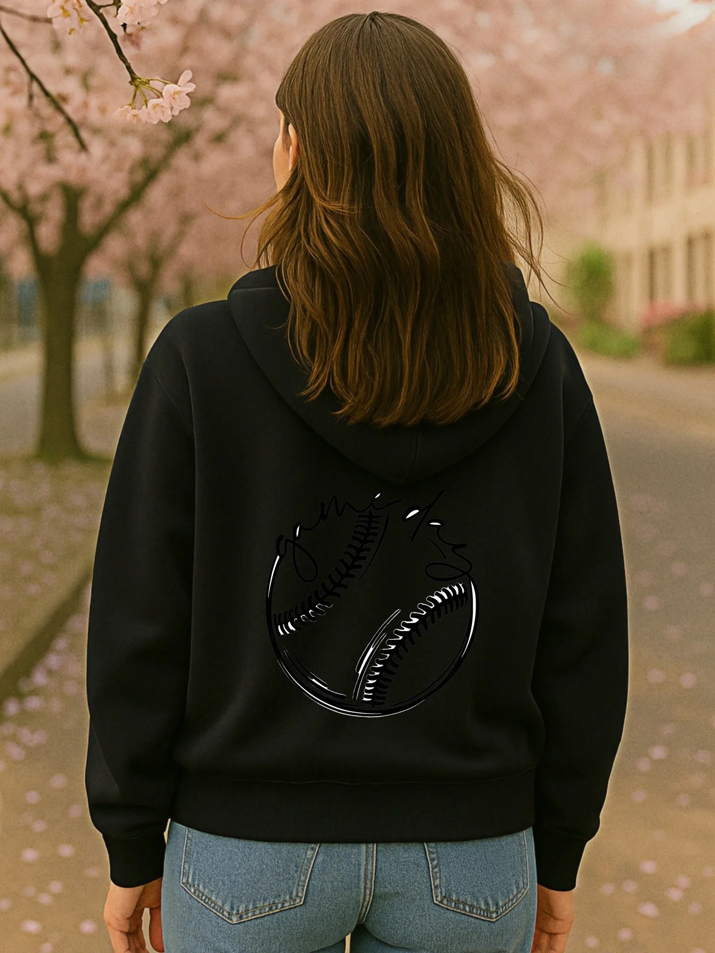 Sudadera con capucha gráfica para mujer, estampado temático de béisbol, estética informal, tela suave, uso diario informal para adolescentes