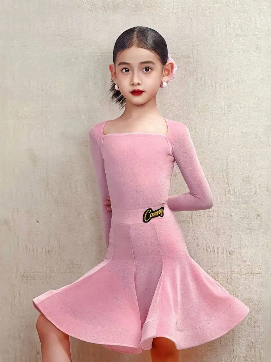 

Latin Dance Training Costume Girl New Children's Performance Costume Competition Regulations Latin Dance Dress Black Red Pink