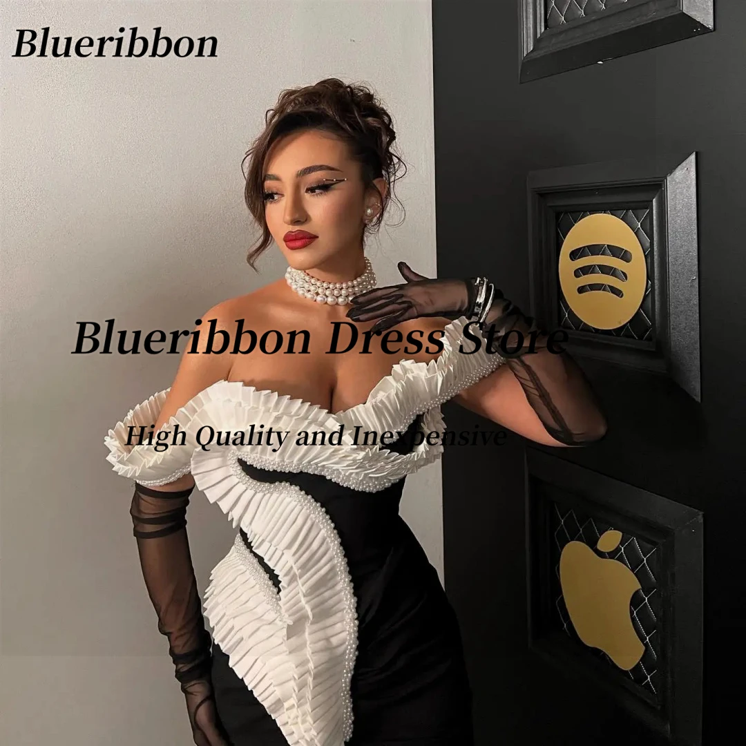 Blueribbon فساتين سهرة مكشوفة الكتف للنساء ، فساتين حفلة موسيقية مع ثنيات مطرزة ، ملابس خاصة سوداء ، السعودية