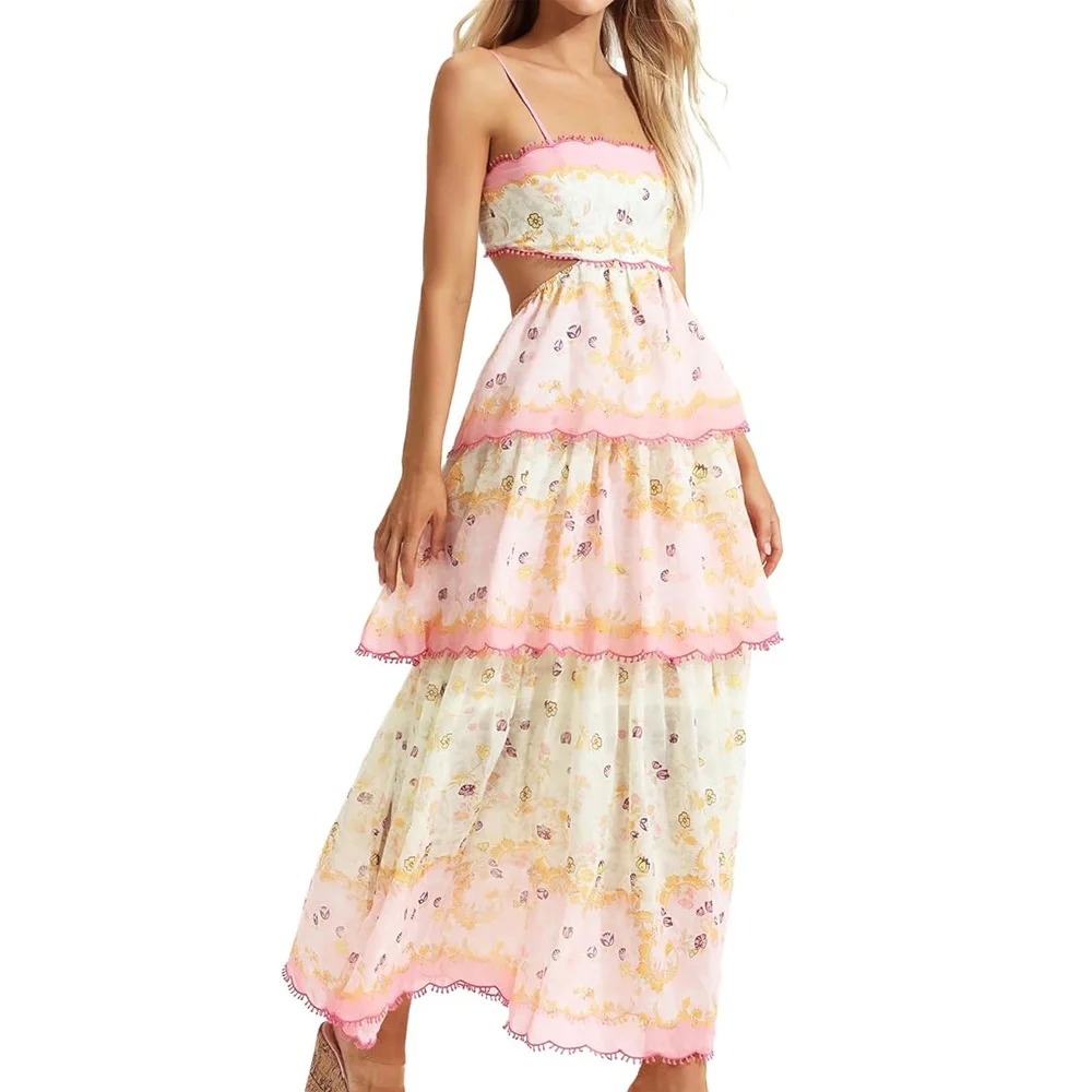 

Floral-Print Tiered Midi Dress For Women Summer Spaghetti Dress Elegant Party Wedding Evening Vestidos