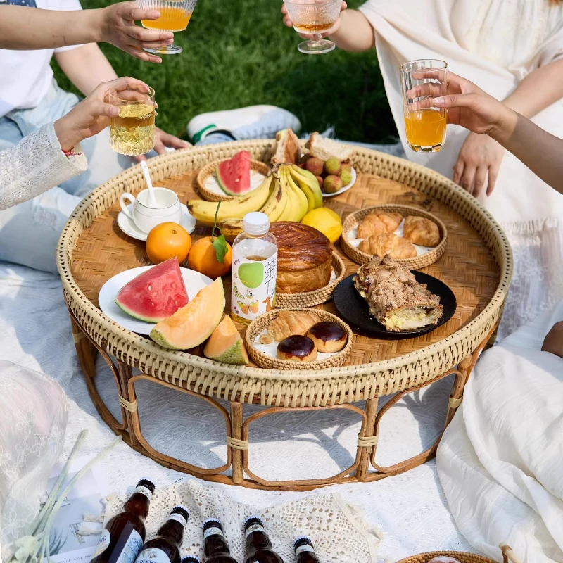 

Handwoven Rattan Bamboo Bay Window Table， Natural Boho Tea Desk Patio Outdoor Serving Tray ，Durable All-Picnic Snack Plate