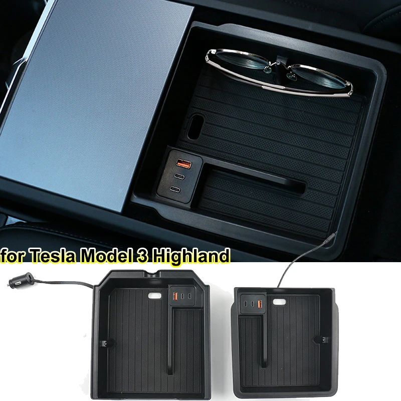 

for Tesla Model 3 Highland 2024 Center Console Storage Organizer Box Armrest Tray with USB Type C Ports New Mode3 Accessories