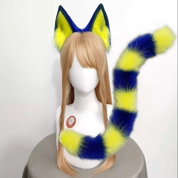 

New Handmade Blue Yellow Ear Headband Tail Necklace Earrings Role-playing Egyptian Cat Ear Headband Lolita Accessories Anime