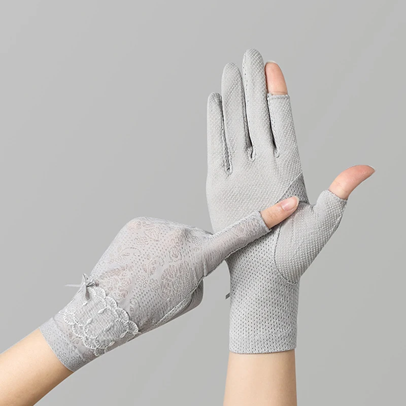 Summer Ice Silk Bow Anti-UV Riding Sunscreen Mitte Women Thin Short Half Finger Lace Touch Screen Fingerless Driving Gloves S100