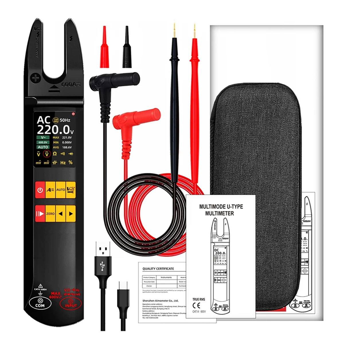 AB52 U5 DC AC Current Tester 600A U-Shaped Clamp Meter True RMS Auto-Ranging TFT Screen USB Rechargeable 1200mAh NCV Multimeter