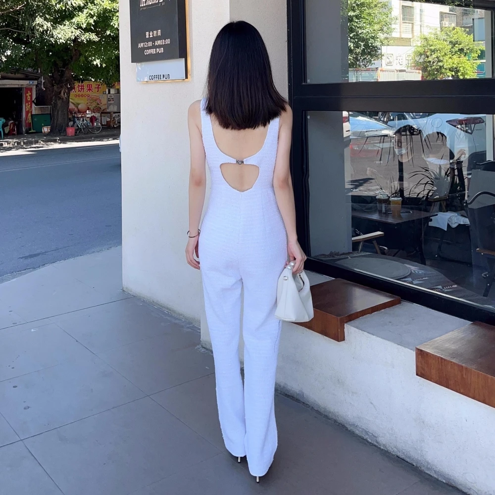 2023 Spring Summer Autumn Fashion Women's High QualitY Elegant White Tweed Backless Tank-top Jumpsuit F068